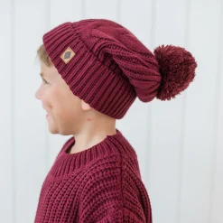 Chunky Cable Knit Beanie in Burgundy