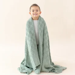 Chunky Knit Basket Weave Toddler Blanket in Thyme