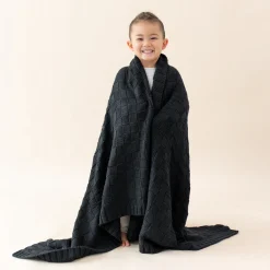 Chunky Knit Basket Weave Toddler Blanket in Midnight