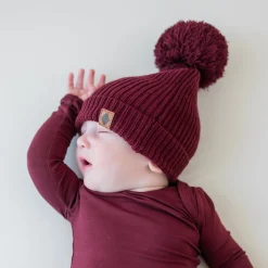 Chunky Knit Pom Beanie in Burgundy
