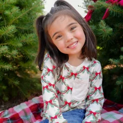 Long Sleeve Toddler Crew Neck Tee in Holiday Bow
