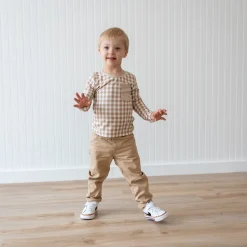 Long Sleeve Toddler Crew Neck Tee in Gingham Bisque