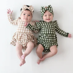 Long Sleeve Twirl Bodysuit Dress in Gingham Bisque