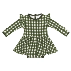 Long Sleeve Twirl Bodysuit Dress in Gingham Fir