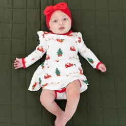 Long Sleeve Twirl Bodysuit Dress in Santa Sleigh