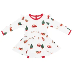 Long Sleeve Twirl Bodysuit Dress in Santa Sleigh