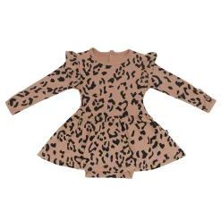 Long Sleeve Twirl Bodysuit Dress in Latte Leopard