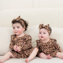 Long Sleeve Twirl Bodysuit Dress in Latte Leopard