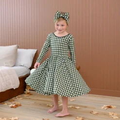 Long Sleeve Twirl Dress in Gingham Fir