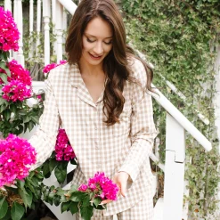 Long-Sleeved Women's Pajama Set in Gingham Bisque