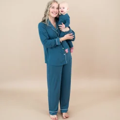 Long-Sleeved Women's Pajama Set in Atlantic with Cloud Trim