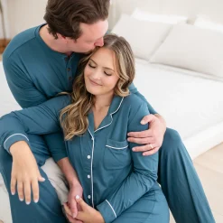 Long-Sleeved Women's Pajama Set in Atlantic with Cloud Trim