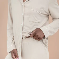 Long-Sleeved Women's Pajama Set in Bisque with Cloud Trim