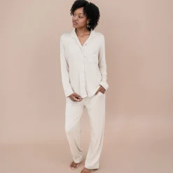 Long-Sleeved Women's Pajama Set in Bisque with Cloud Trim