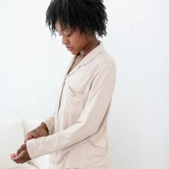 Long-Sleeved Women's Pajama Set in Bisque with Cloud Trim