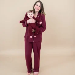 Long-Sleeved Women's Pajama Set in Burgundy with Cloud Trim