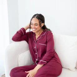 Long-Sleeved Women's Pajama Set in Burgundy with Cloud Trim