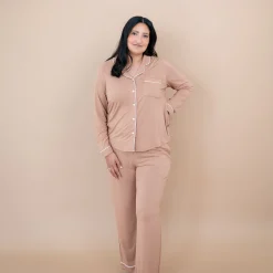Long-Sleeved Women's Pajama Set in Latte with Cloud Trim