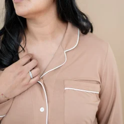 Long-Sleeved Women's Pajama Set in Latte with Cloud Trim