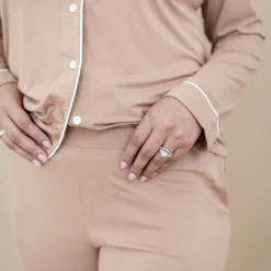 Long-Sleeved Women's Pajama Set in Latte with Cloud Trim