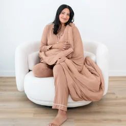 Long-Sleeved Women's Pajama Set in Latte with Cloud Trim