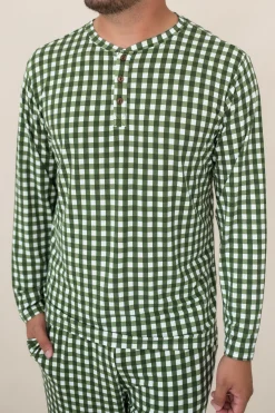 Men's Long Sleeve Henley Top in Gingham Fir