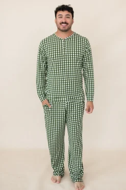 Men's Long Sleeve Henley Top in Gingham Fir
