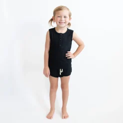 Ribbed Henley Tank Set in Midnight