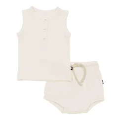Ribbed Henley Tank Set in Oat