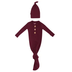 Ribbed Knotted Gown with Hat Set in Burgundy