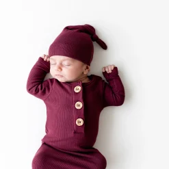Ribbed Knotted Gown with Hat Set in Burgundy