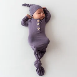 Ribbed Knotted Gown with Hat Set in Currant