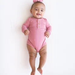 Ribbed Long Sleeve Henley Bodysuit in Apple Blossom
