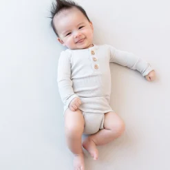 Ribbed Long Sleeve Henley Bodysuit in Oat