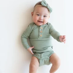 Ribbed Long Sleeve Henley Bodysuit in Thyme