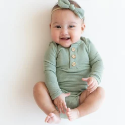 Ribbed Long Sleeve Henley Bodysuit in Thyme