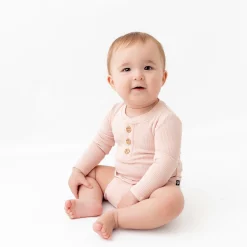 Ribbed Long Sleeve Henley Bodysuit in Blush