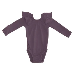 Ribbed Long Sleeve Ruffle Leotard in Currant