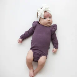 Ribbed Long Sleeve Ruffle Leotard in Currant
