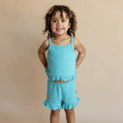 Ribbed Ruffle Tank Set in Makai