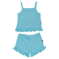 Ribbed Ruffle Tank Set in Makai