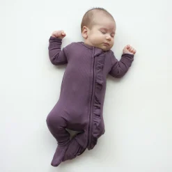 Ribbed Ruffle Zipper Footie in Currant