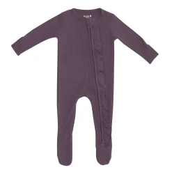 Ribbed Ruffle Zipper Footie in Currant