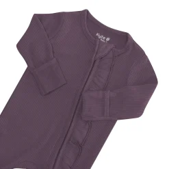 Ribbed Ruffle Zipper Footie in Currant