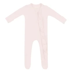 Ribbed Ruffle Zipper Footie in Blush