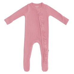 Ribbed Ruffle Zipper Footie in Apple Blossom