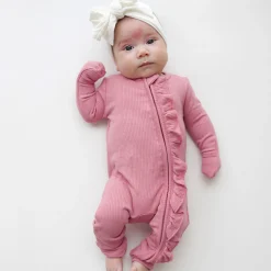 Ribbed Ruffle Zipper Romper in Apple Blossom