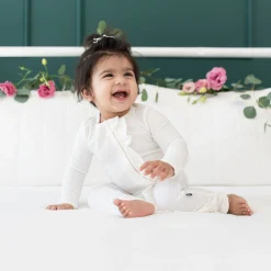 Ribbed Ruffle Zipper Romper in Cloud