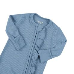Ribbed Ruffle Zipper Romper in Slate