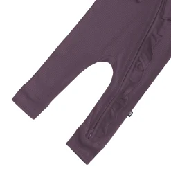 Ribbed Ruffle Zipper Romper in Currant